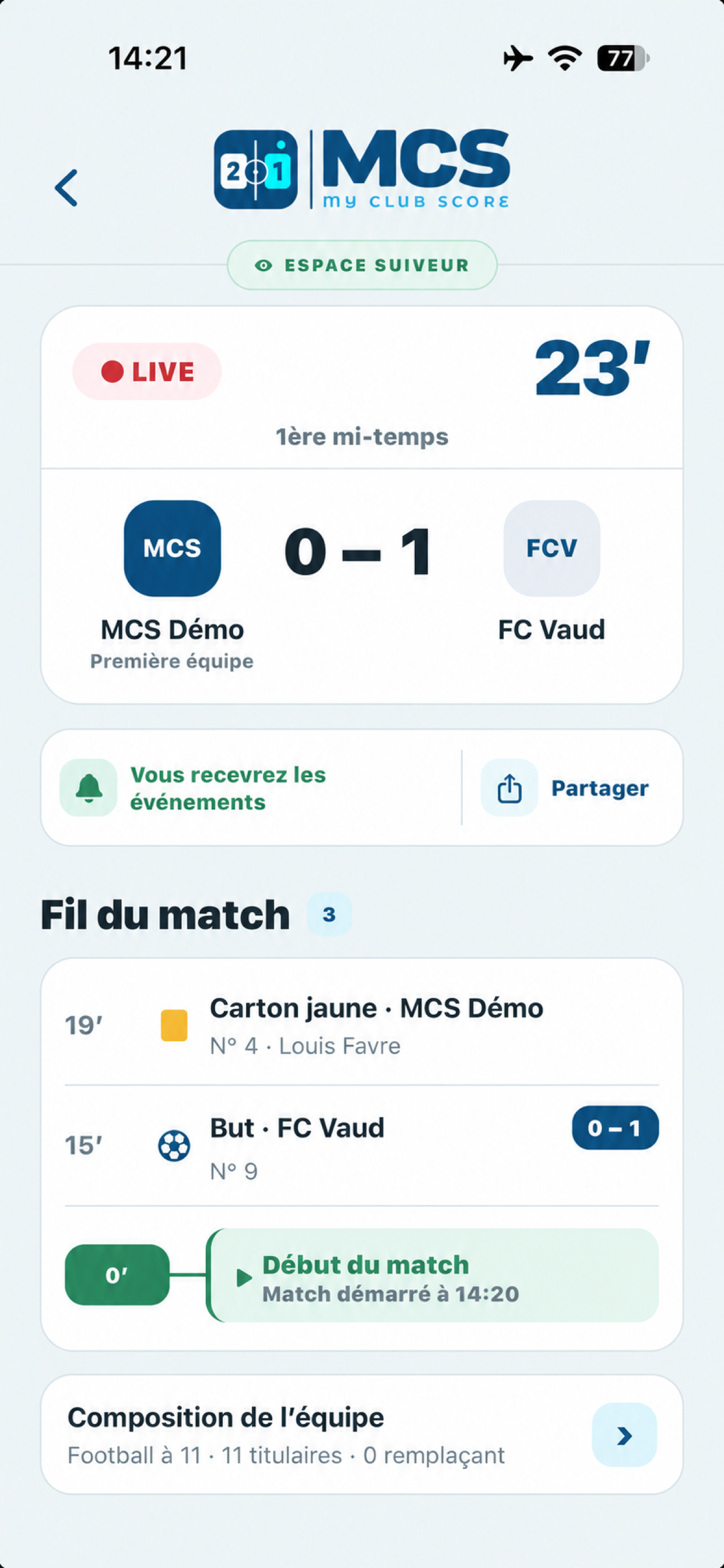 MCS : score en direct et événements d’un match de démonstration